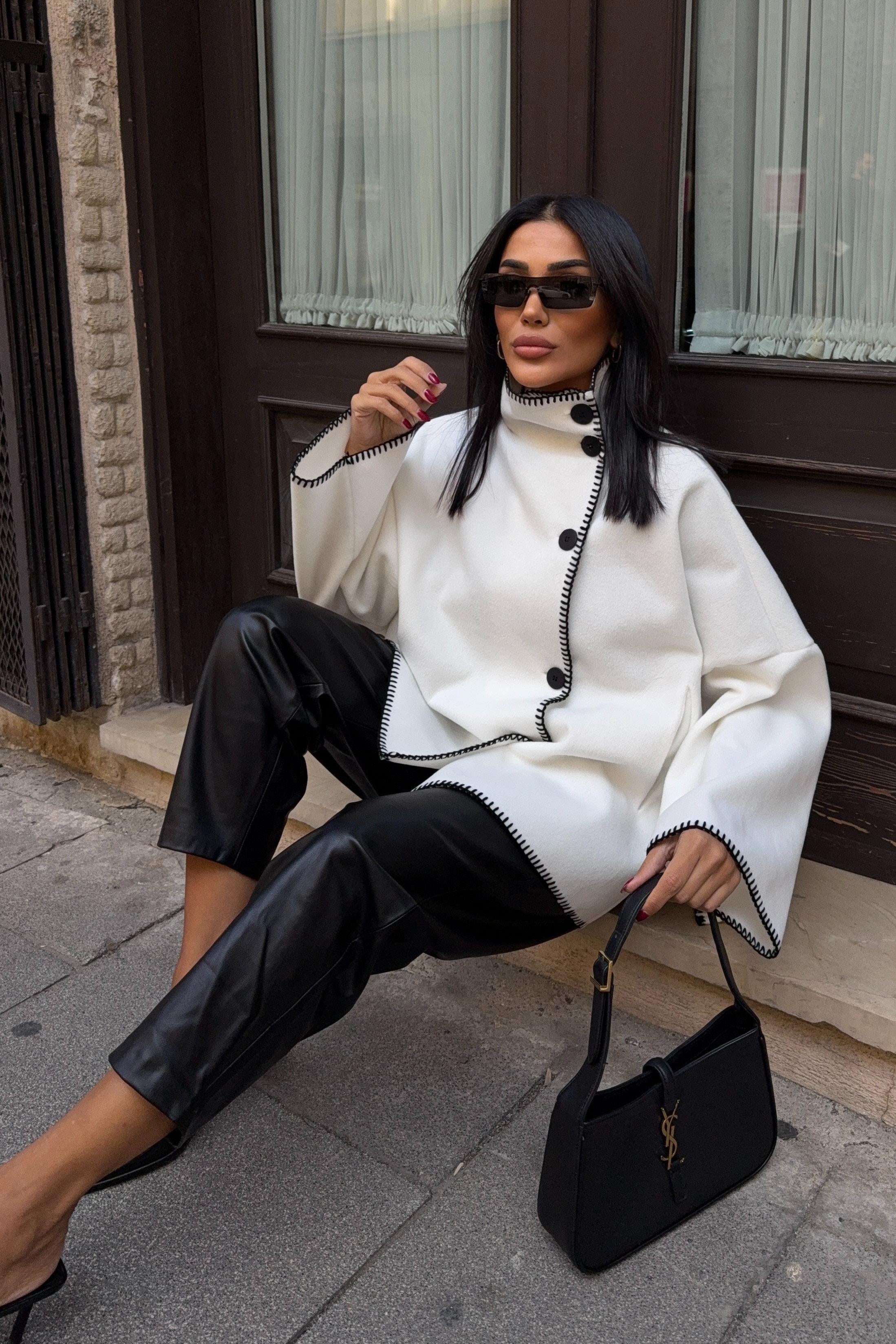 High-Neck Wool Blend Coat with Contrast Stitch Detail – Elegant Midi Length