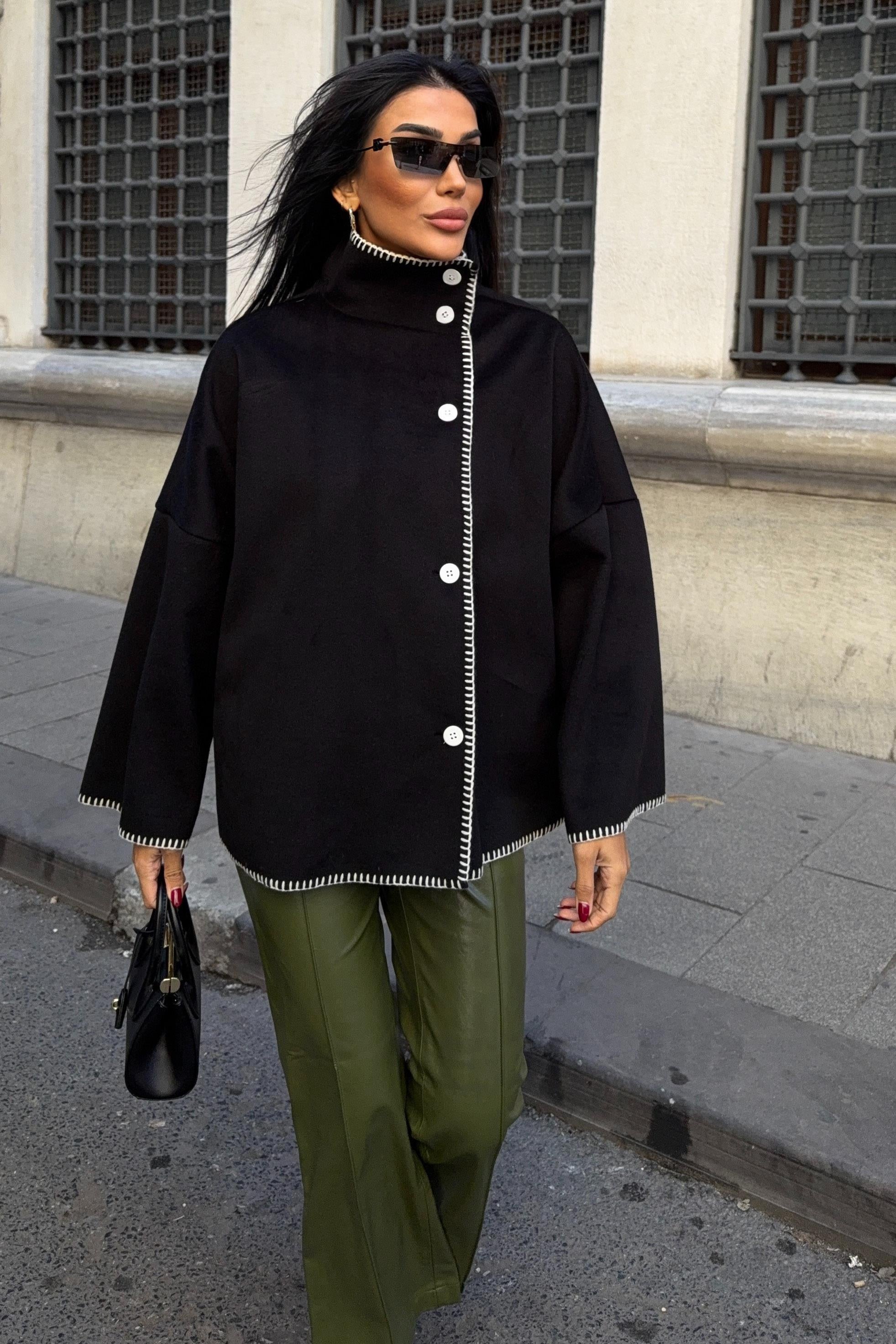 High-Neck Wool Blend Coat with Contrast Stitch Detail – Elegant Midi Length