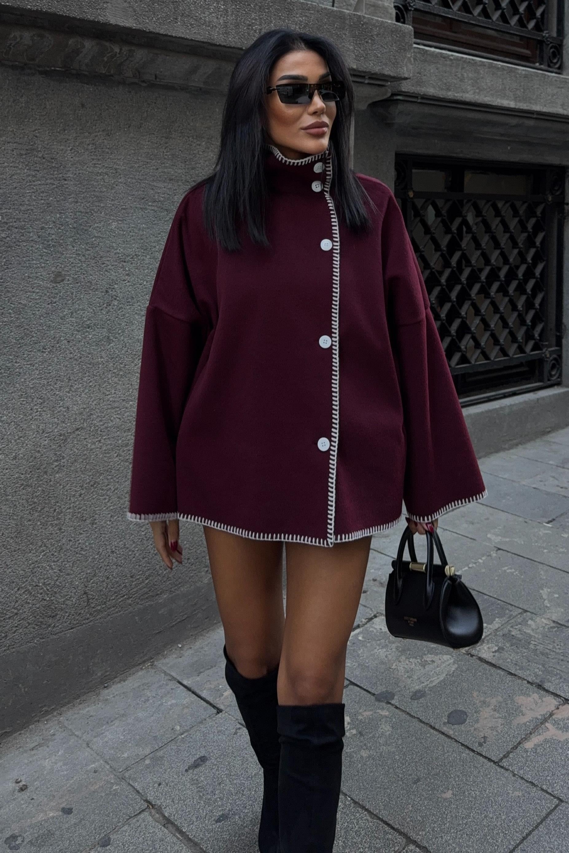 High-Neck Wool Blend Coat with Contrast Stitch Detail – Elegant Midi Length