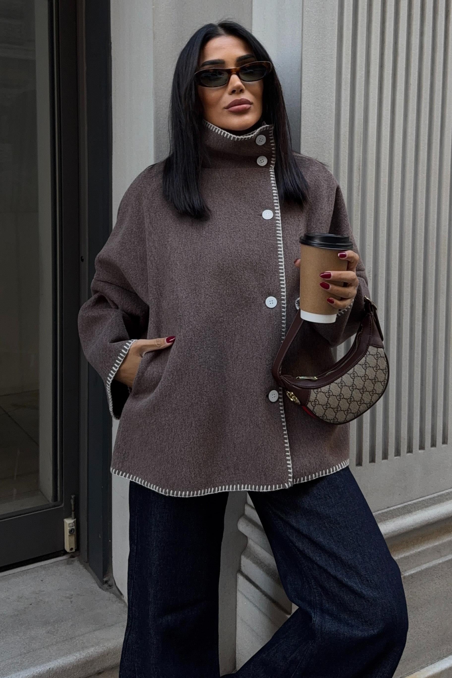 High-Neck Wool Blend Coat with Contrast Stitch Detail – Elegant Midi Length