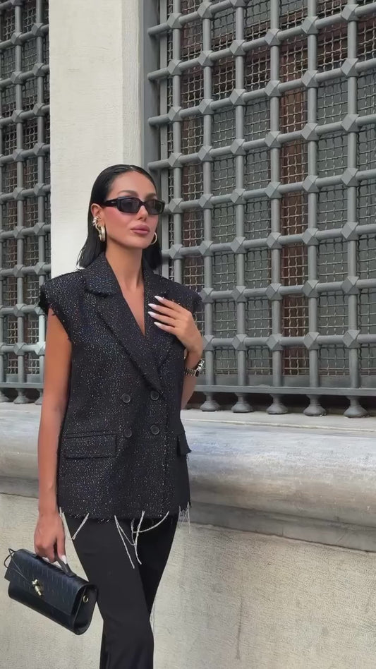 Sparkle Tweed Sleeveless Blazer Vest – Double-Breasted Statement Top
