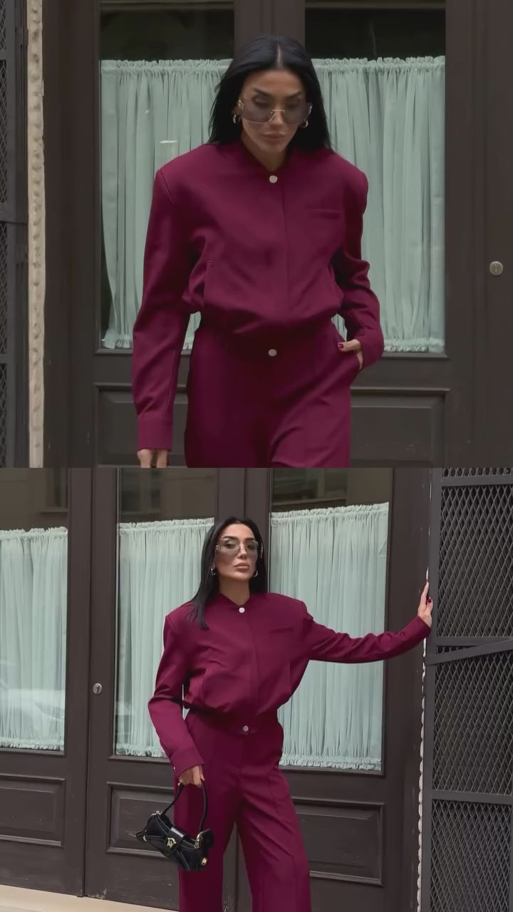Elegant Wine Red Two-Piece Suit – Double Fabric Long Sleeve Bomber Jacket & Wide-Leg Pants Set