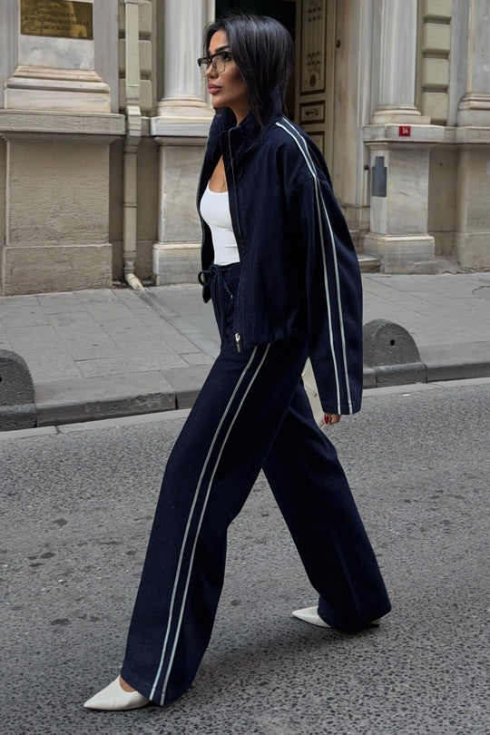 Denim Stripe Jacket & Pants Set – Premium Casual Street Style