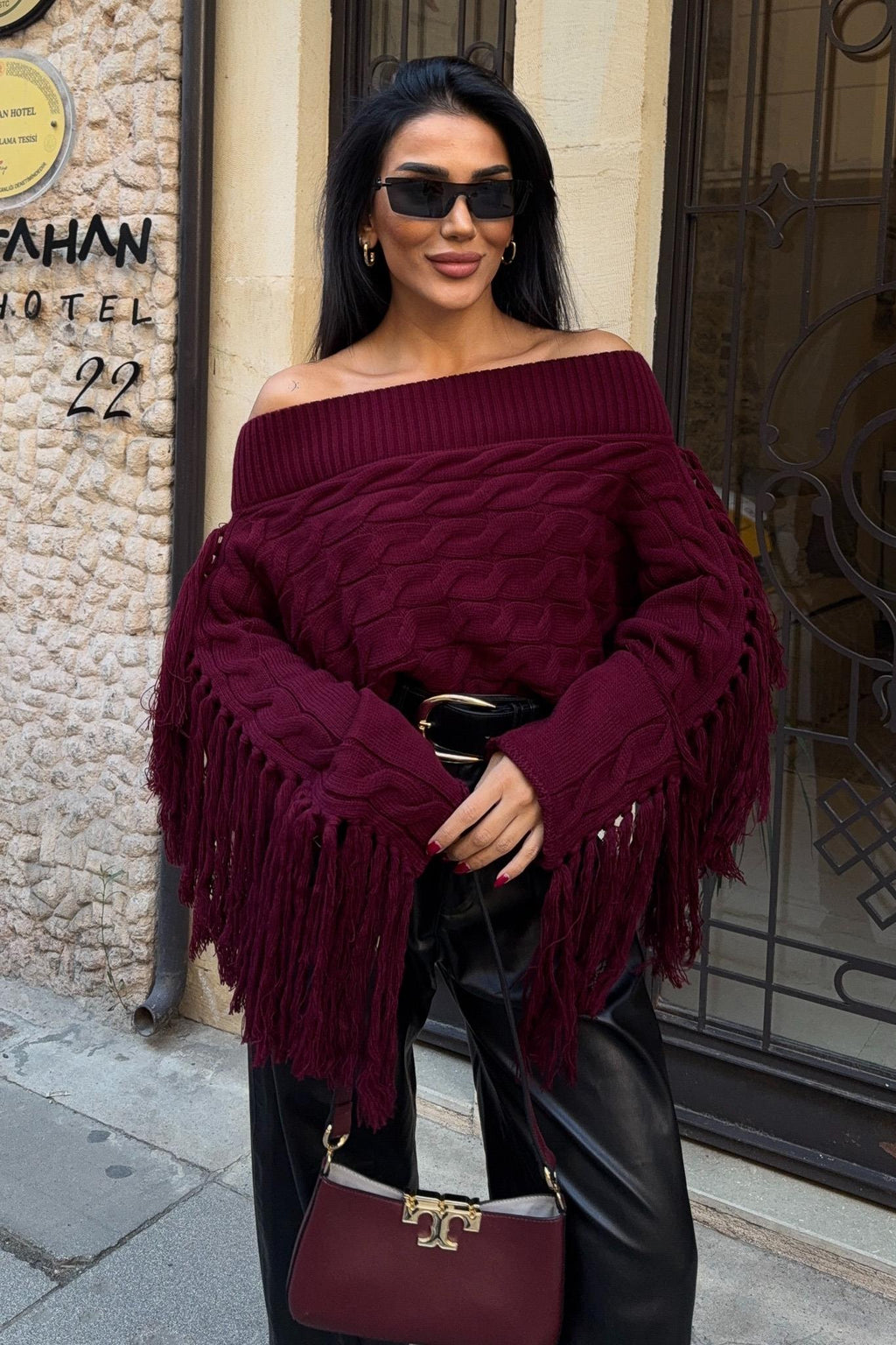 Aidan Off-Shoulder Fringe Knit Sweater – Oversized Cable Texture Chic Pullover