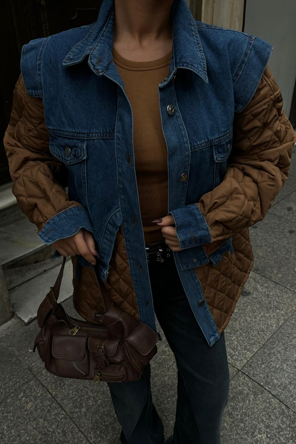 Denim Panel Quilted Long Jacket – Two-Tone Streetwear Layer for Effortless Cool