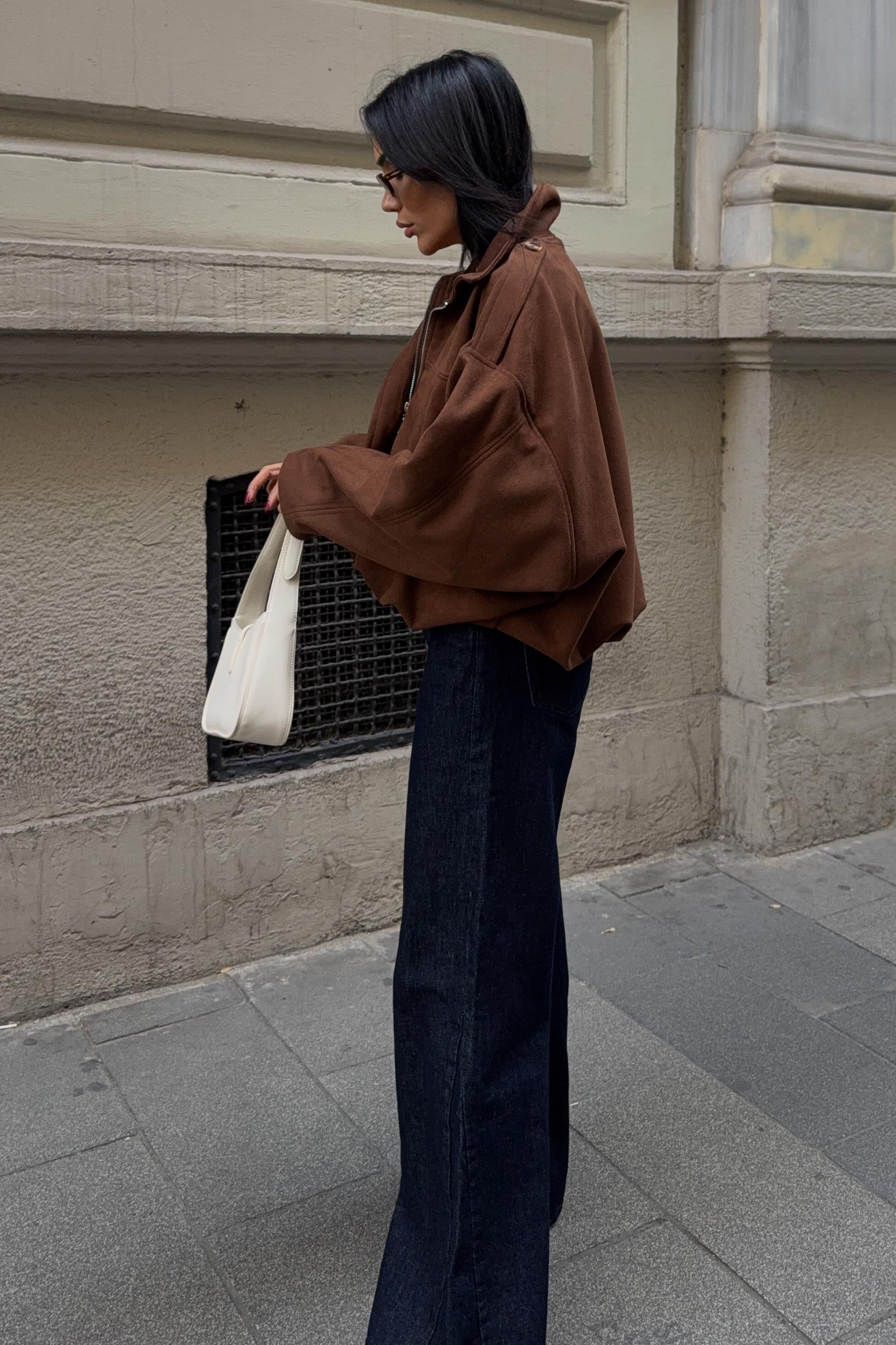 Premium Suede Bomber Jacket – Oversized Short Jacket for Women