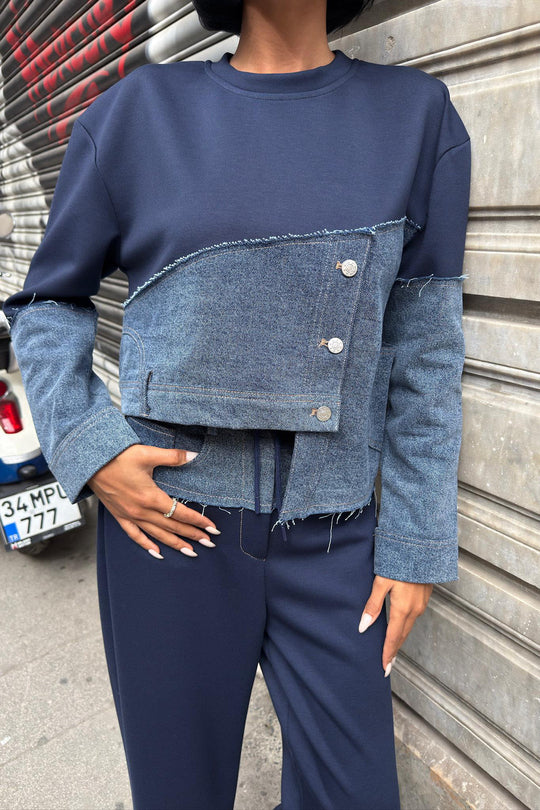 Denim Detailed Two-Tone Modal Sweatshirt & Wide-Leg Pants Set