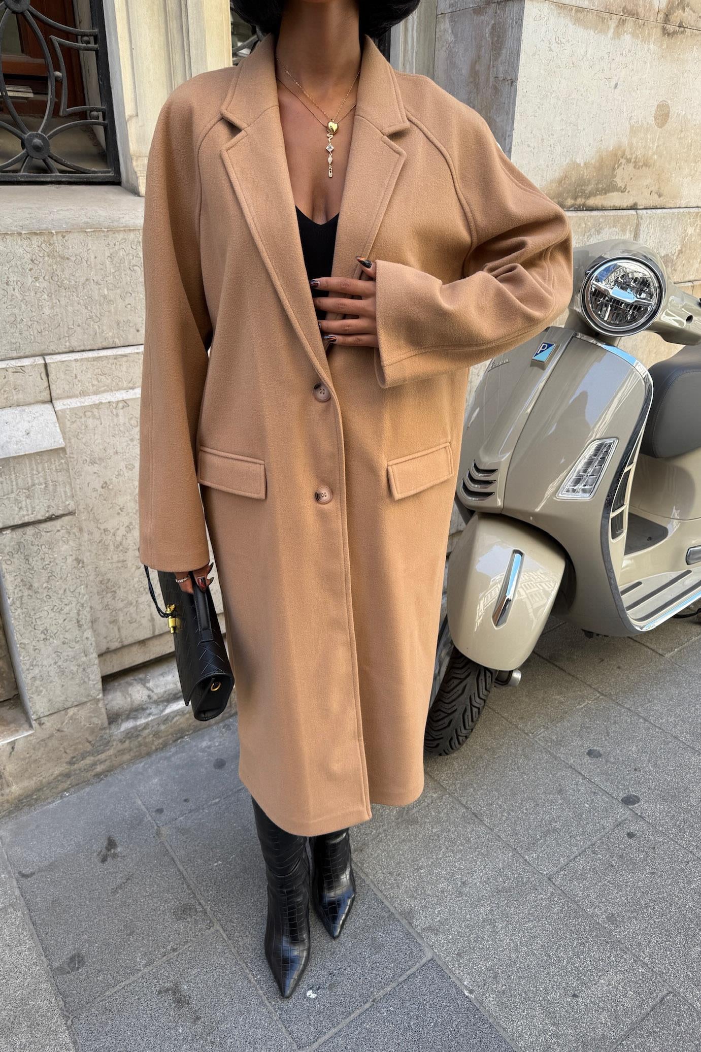 Camel Oversized Long Coat – Classic Double-Breasted Wool Look Coat