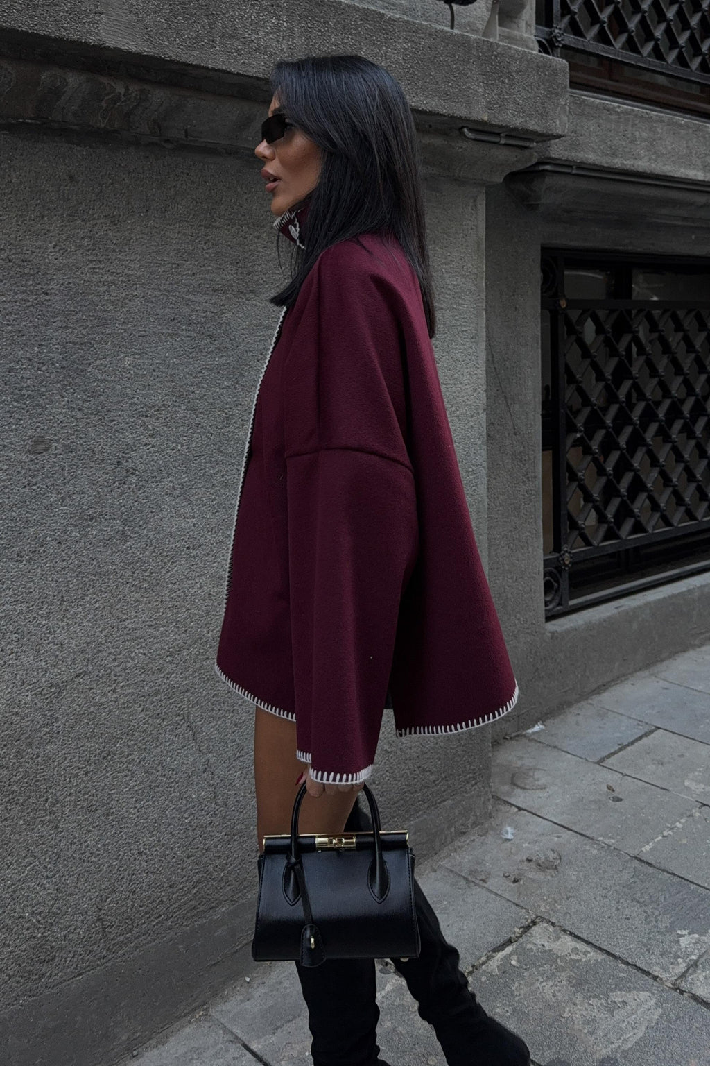 High-Neck Wool Blend Coat with Contrast Stitch Detail – Elegant Midi Length