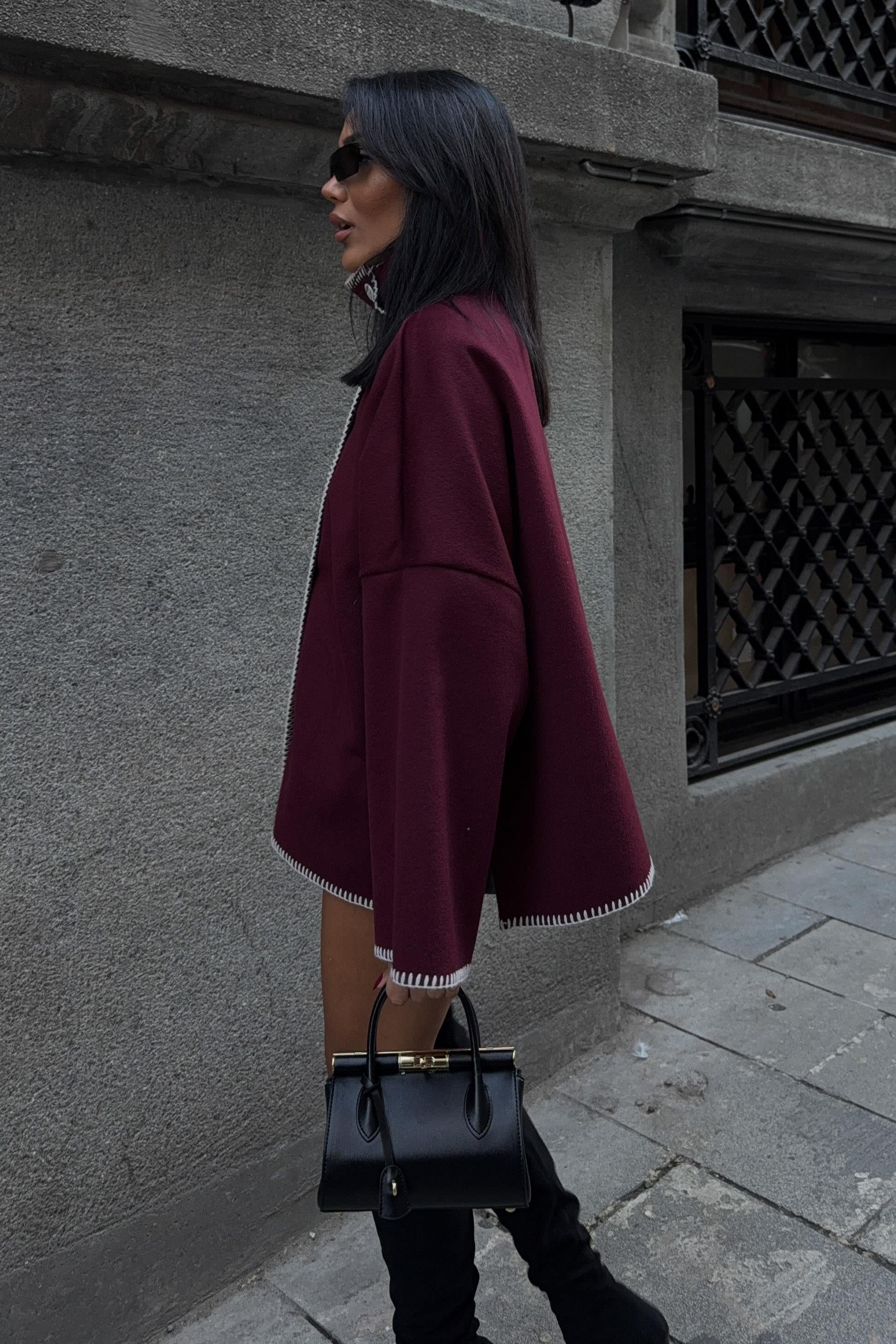 High-Neck Wool Blend Coat with Contrast Stitch Detail – Elegant Midi Length