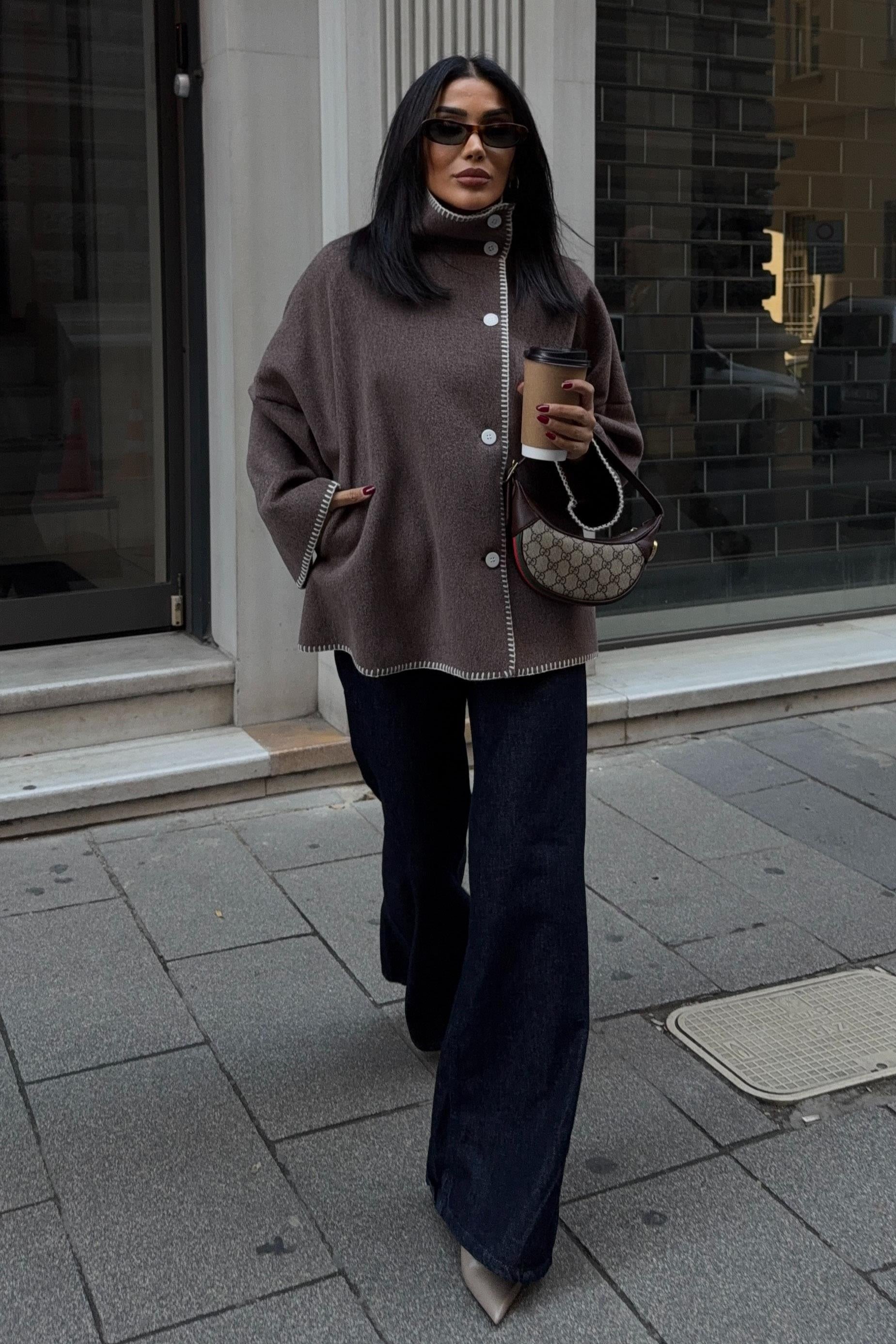 High-Neck Wool Blend Coat with Contrast Stitch Detail – Elegant Midi Length