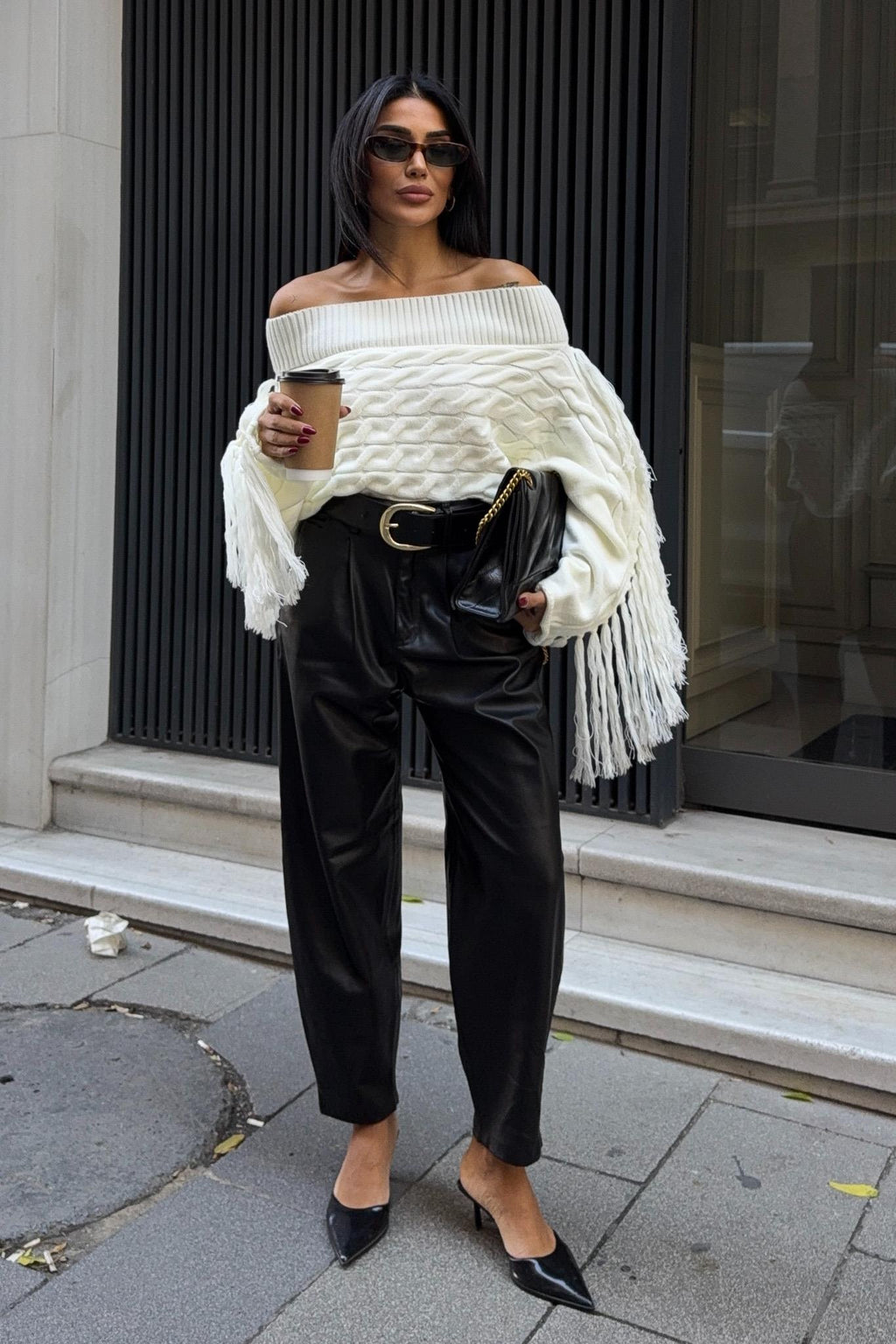 Aidan Off-Shoulder Fringe Knit Sweater – Oversized Cable Texture Chic Pullover