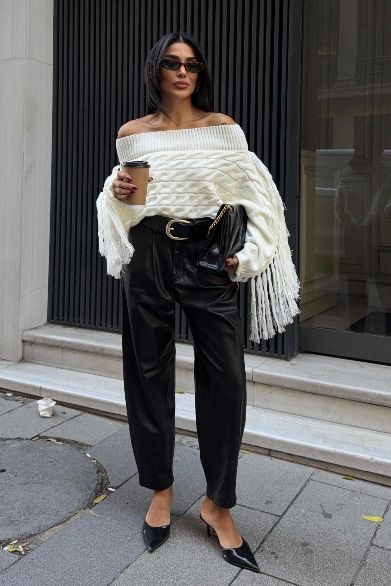 Aidan Off-Shoulder Fringe Knit Sweater – Oversized Cable Texture Chic Pullover