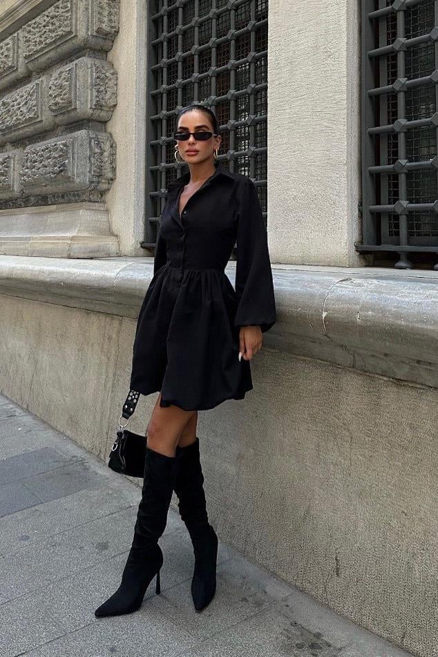 Pleated Button-Up Mini Dress – Long Sleeve Casual A-Line Dress