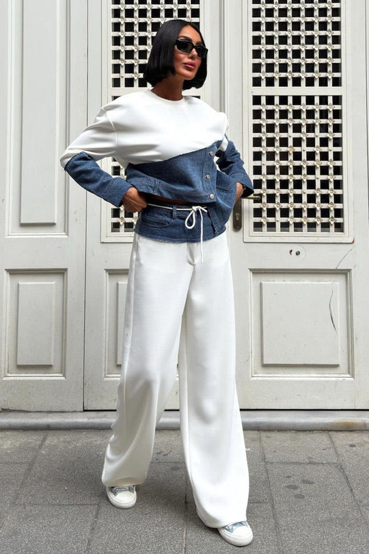 Denim Detailed Two-Tone Modal Sweatshirt & Wide-Leg Pants Set