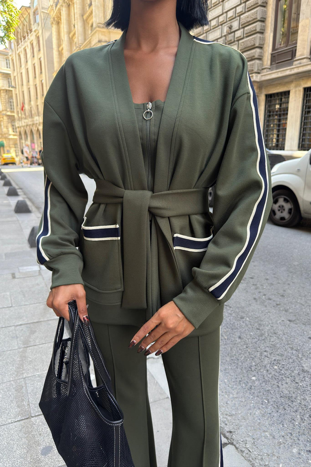 Striped Waist-Belt 3-Piece Tracksuit Set – Premium Rayon Blend Comfort Fit