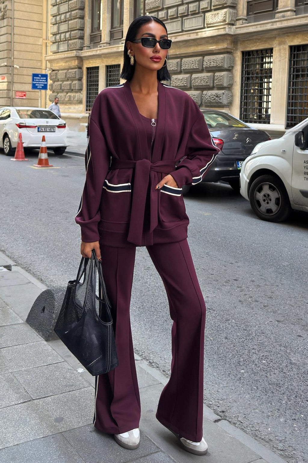 Striped Waist-Belt 3-Piece Tracksuit Set – Premium Rayon Blend Comfort Fit