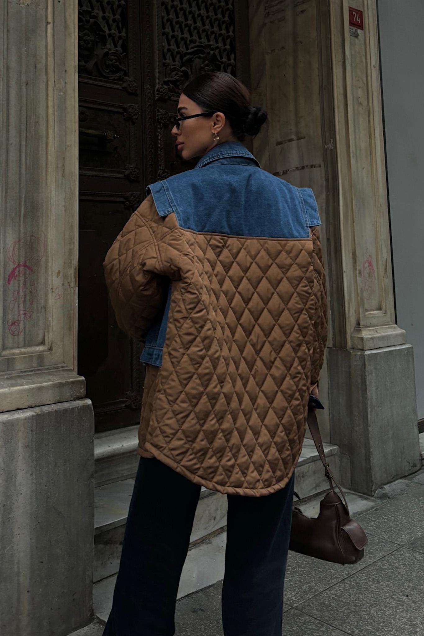 Denim Panel Quilted Long Jacket – Two-Tone Streetwear Layer for Effortless Cool