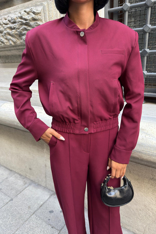 Elegant Wine Red Two-Piece Suit – Double Fabric Long Sleeve Bomber Jacket & Wide-Leg Pants Set