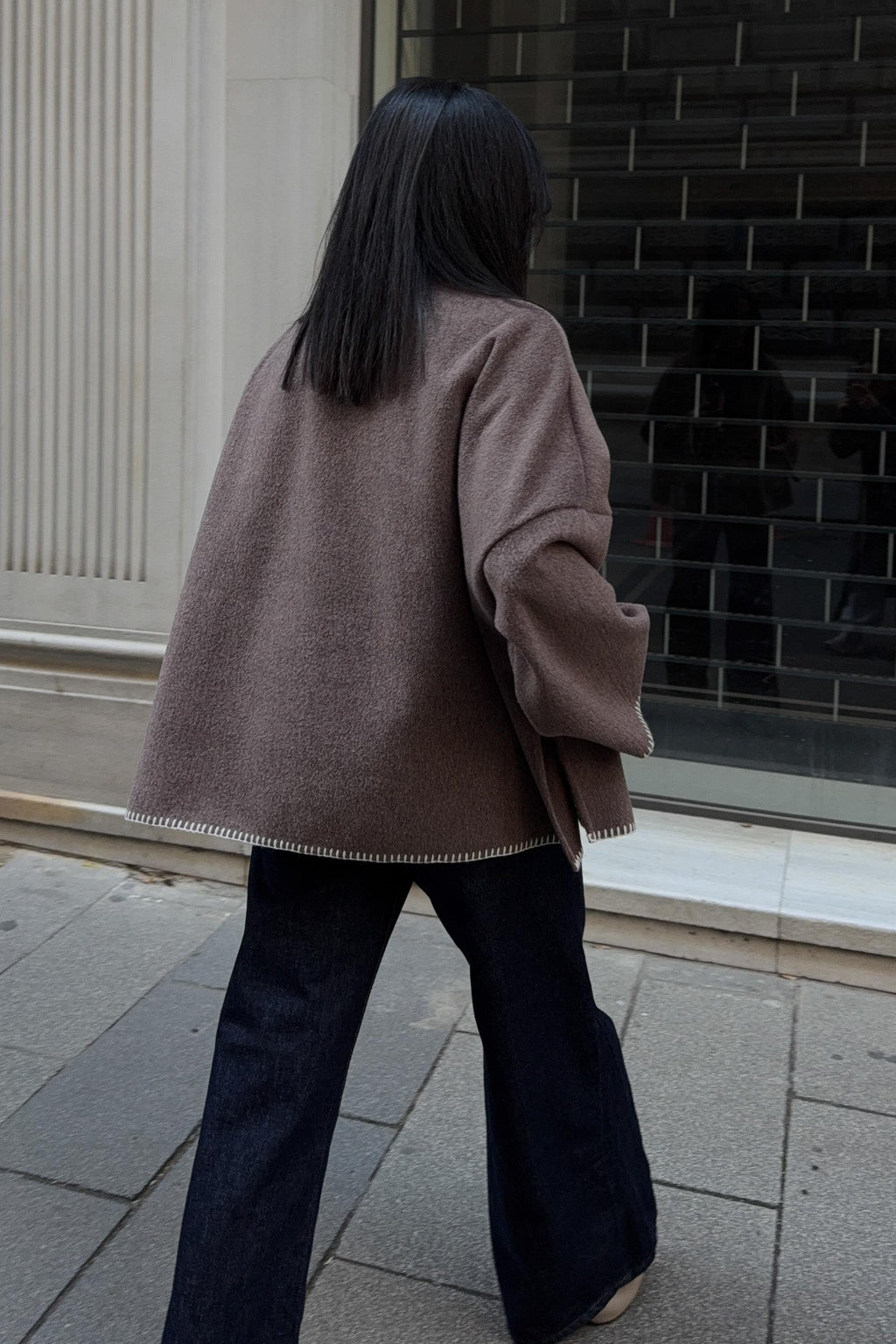 High-Neck Wool Blend Coat with Contrast Stitch Detail – Elegant Midi Length