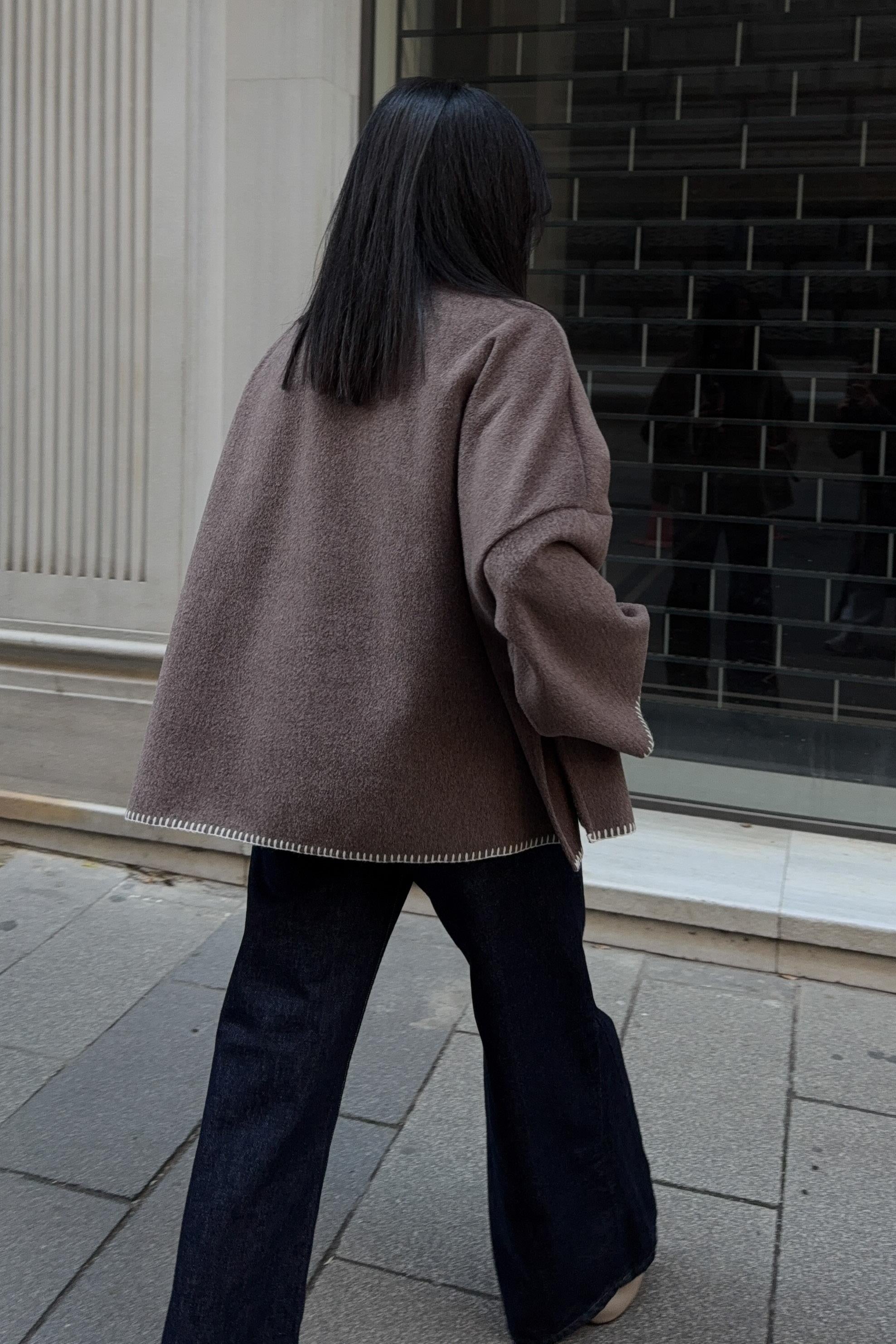 High-Neck Wool Blend Coat with Contrast Stitch Detail – Elegant Midi Length