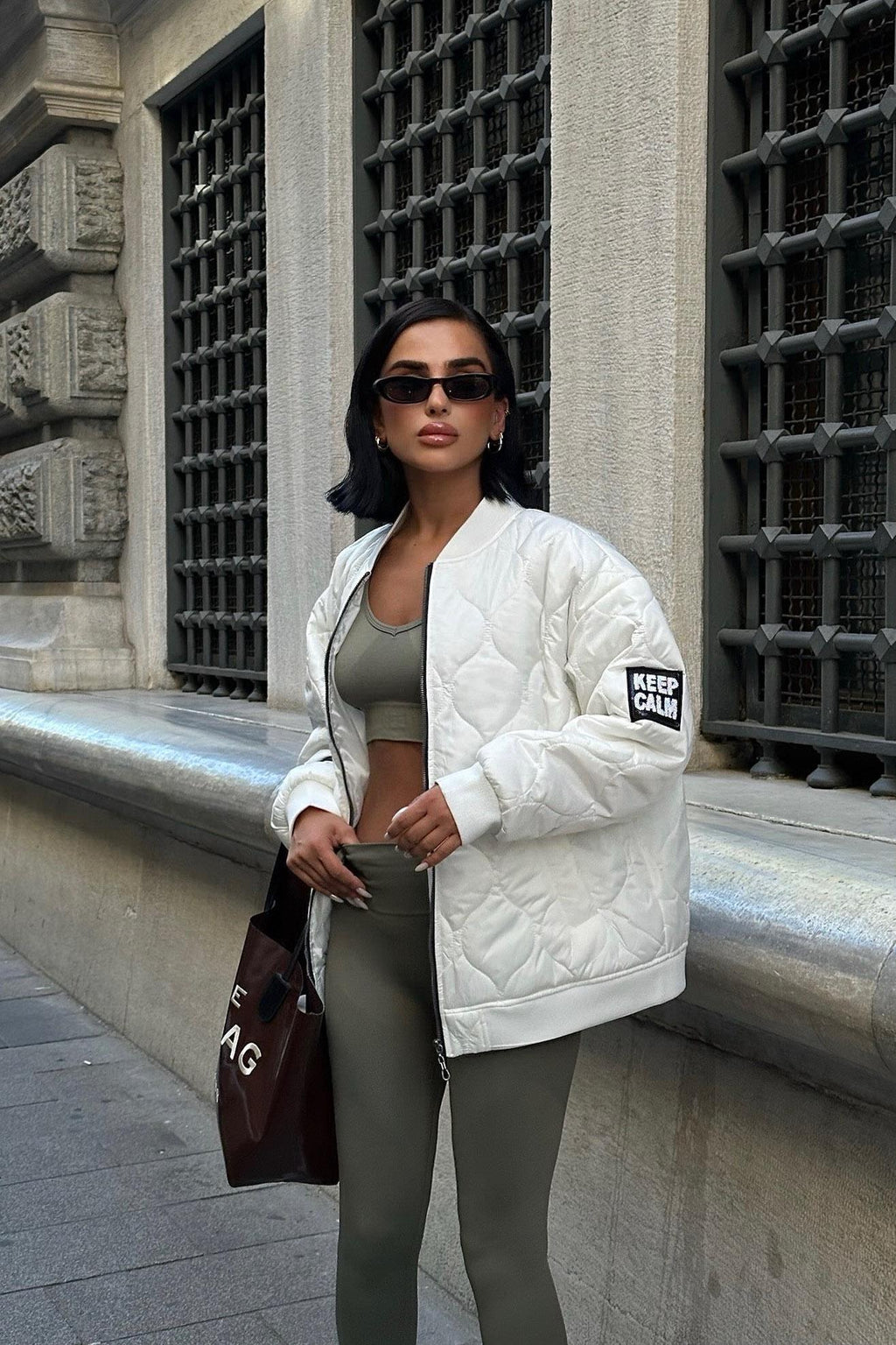 Keep Calm Oversized Quilted Bomber Jacket – Casual Streetwear Style