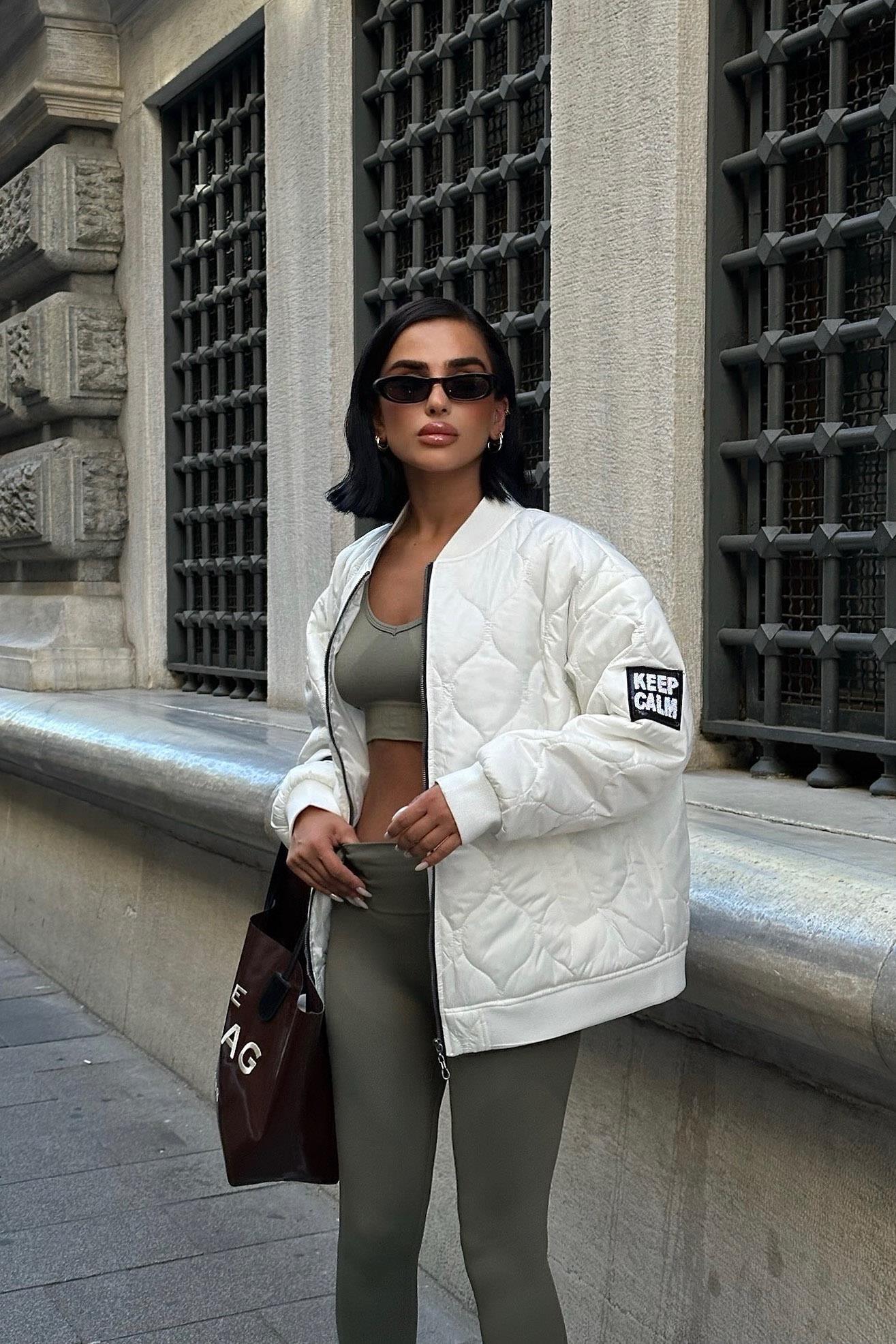 Keep Calm Oversized Quilted Bomber Jacket – Casual Streetwear Style