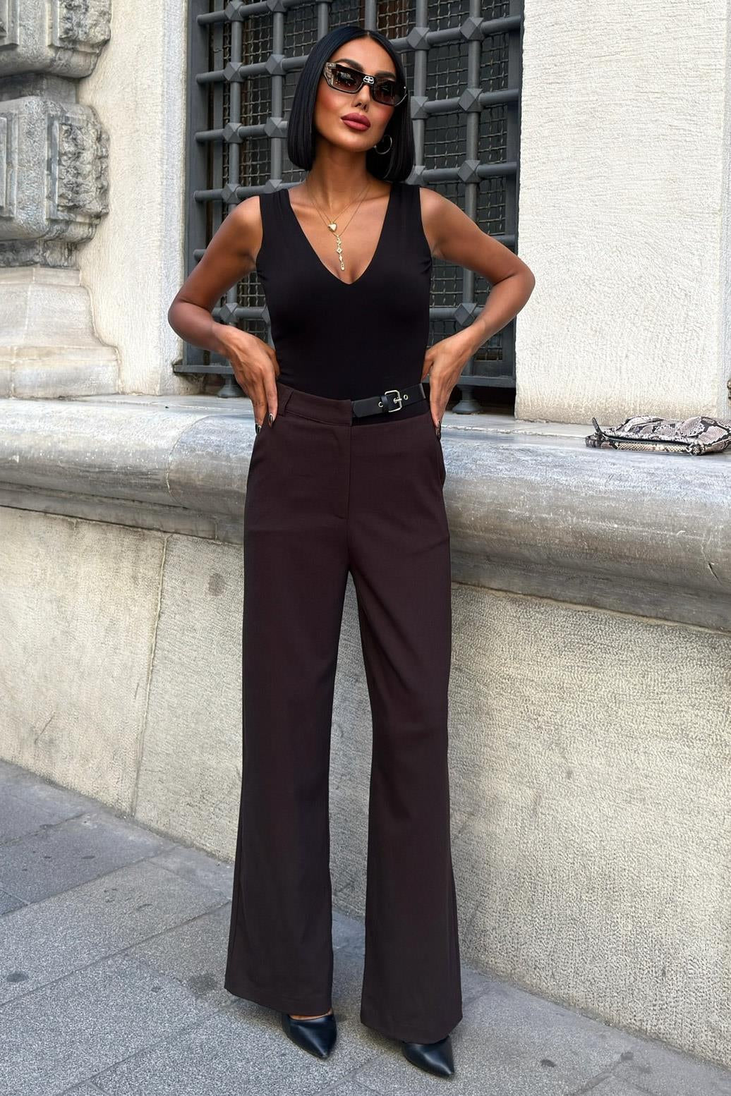 Belted High-Waist Wide Leg Pants – Premium Polyviscose Fabric