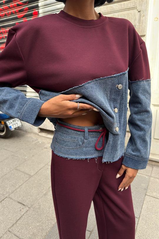Denim Detailed Two-Tone Modal Sweatshirt & Wide-Leg Pants Set