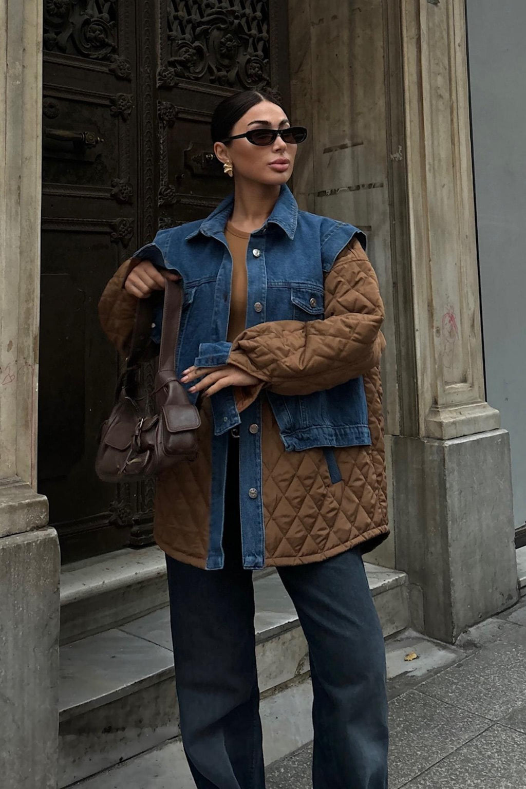 Denim Panel Quilted Long Jacket – Two-Tone Streetwear Layer for Effortless Cool