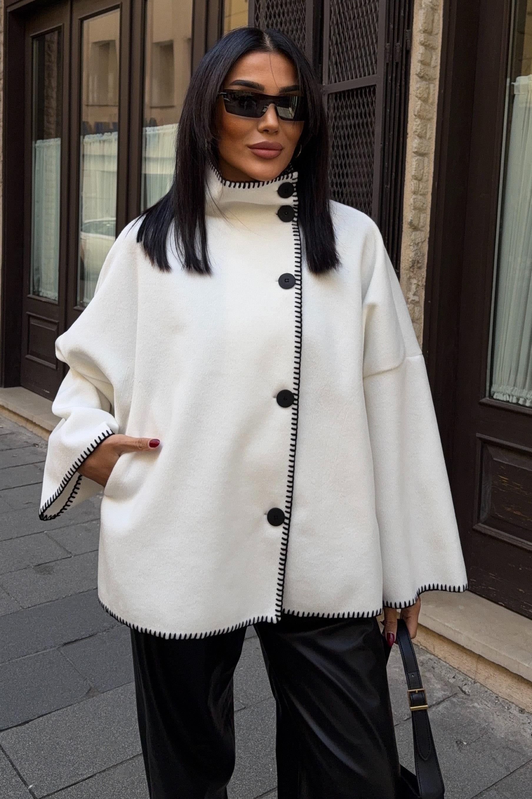 High-Neck Wool Blend Coat with Contrast Stitch Detail – Elegant Midi Length