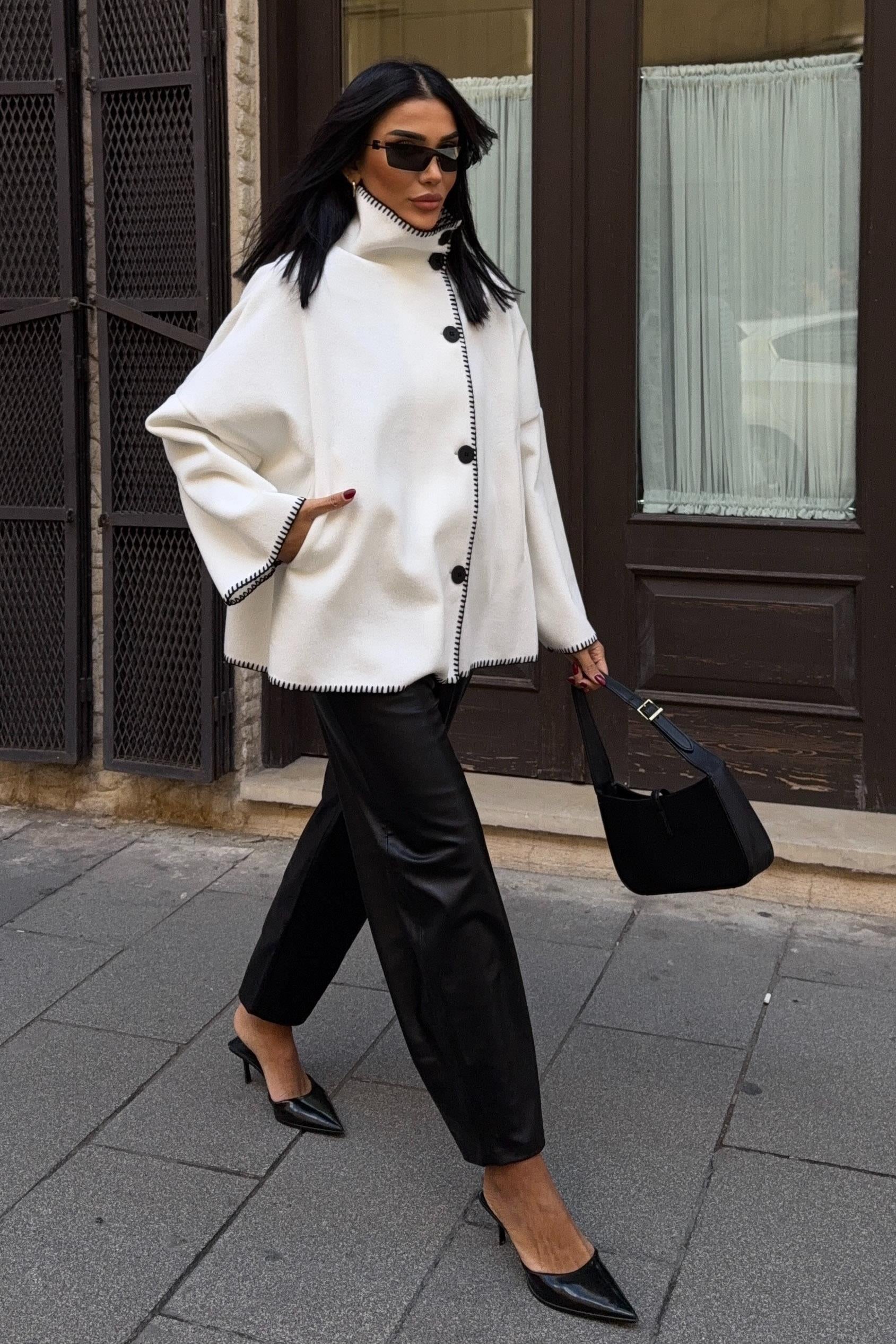 High-Neck Wool Blend Coat with Contrast Stitch Detail – Elegant Midi Length