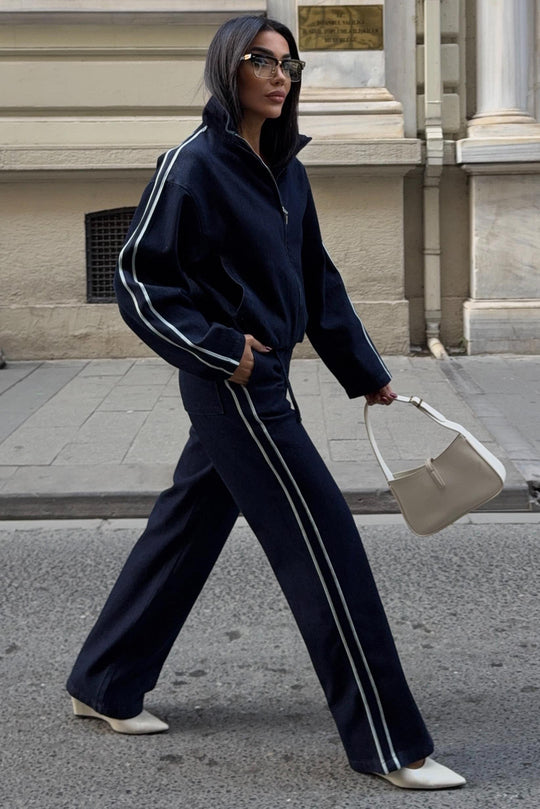 Denim Stripe Jacket & Pants Set – Premium Casual Street Style