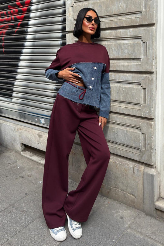 Denim Detailed Two-Tone Modal Sweatshirt & Wide-Leg Pants Set