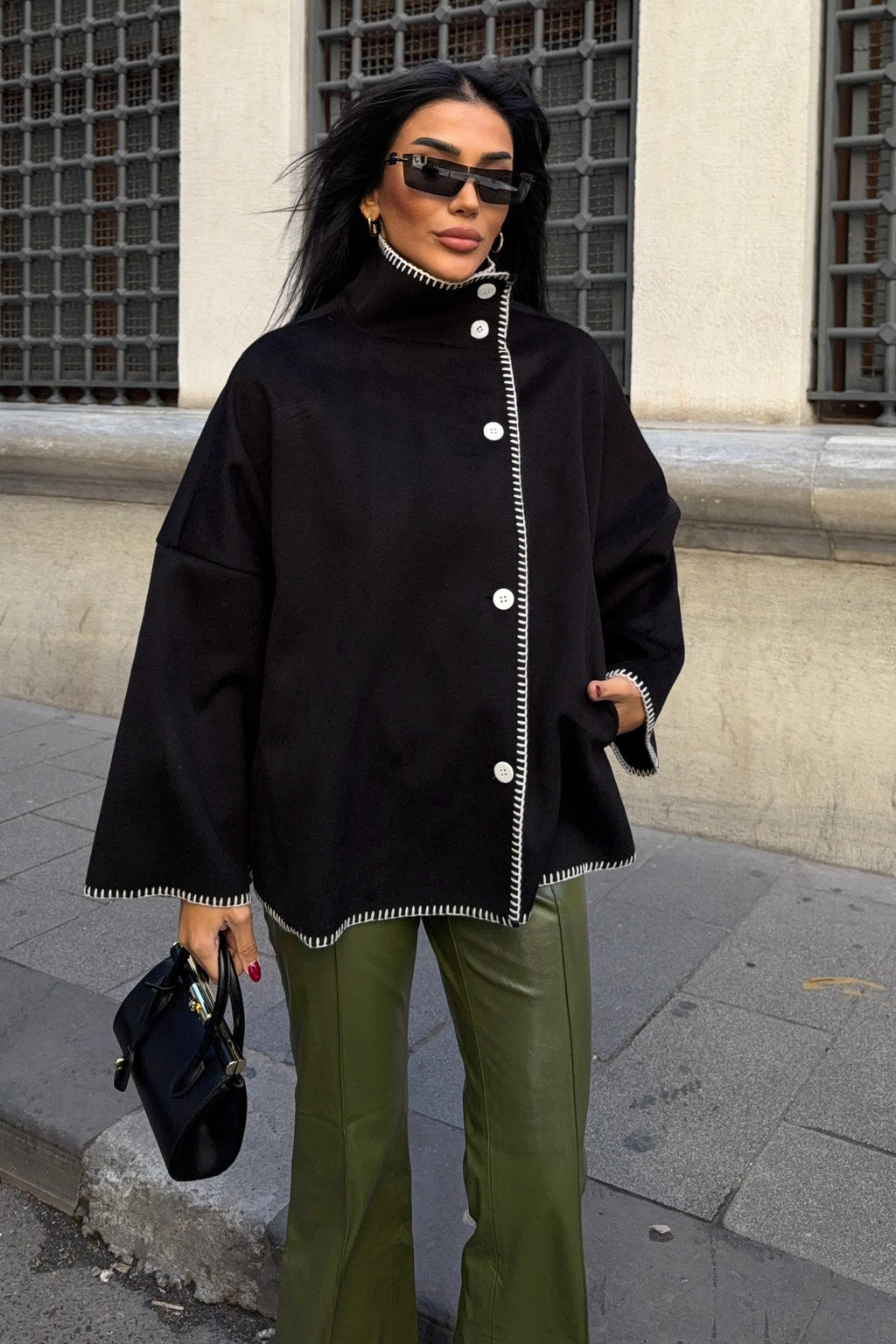 High-Neck Wool Blend Coat with Contrast Stitch Detail – Elegant Midi Length