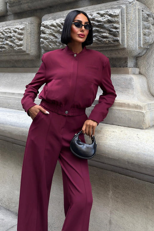 Elegant Wine Red Two-Piece Suit – Double Fabric Long Sleeve Bomber Jacket & Wide-Leg Pants Set