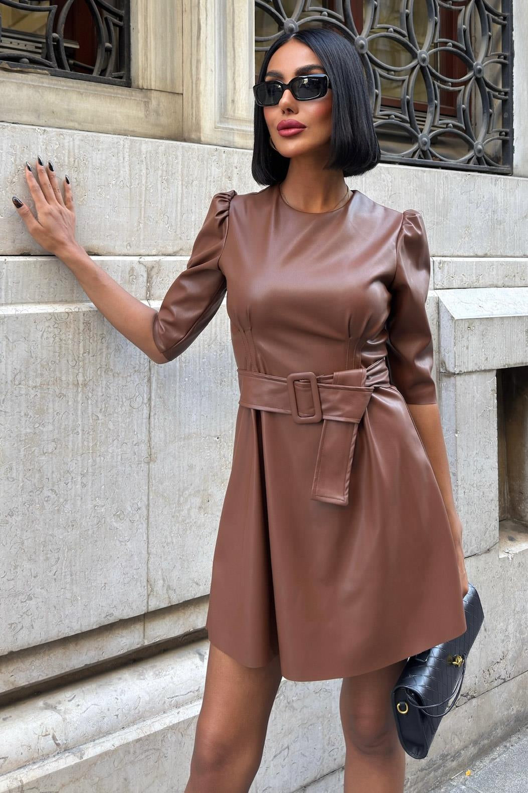 Puff Sleeve Faux Leather Mini Dress – Belted Short Dress for Women
