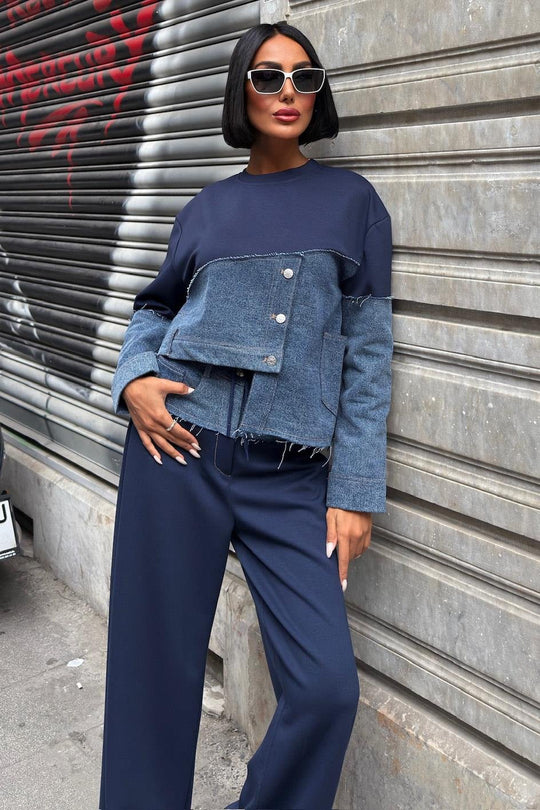 Denim Detailed Two-Tone Modal Sweatshirt & Wide-Leg Pants Set