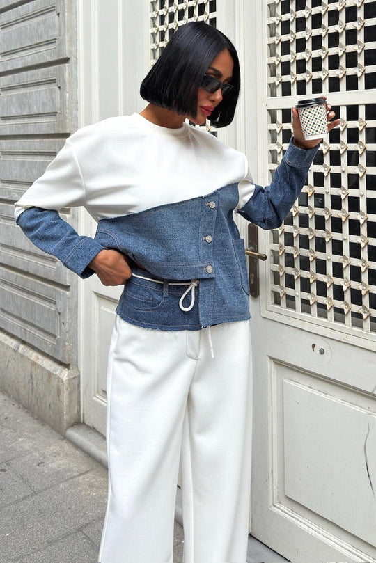 Denim Detailed Two-Tone Modal Sweatshirt & Wide-Leg Pants Set