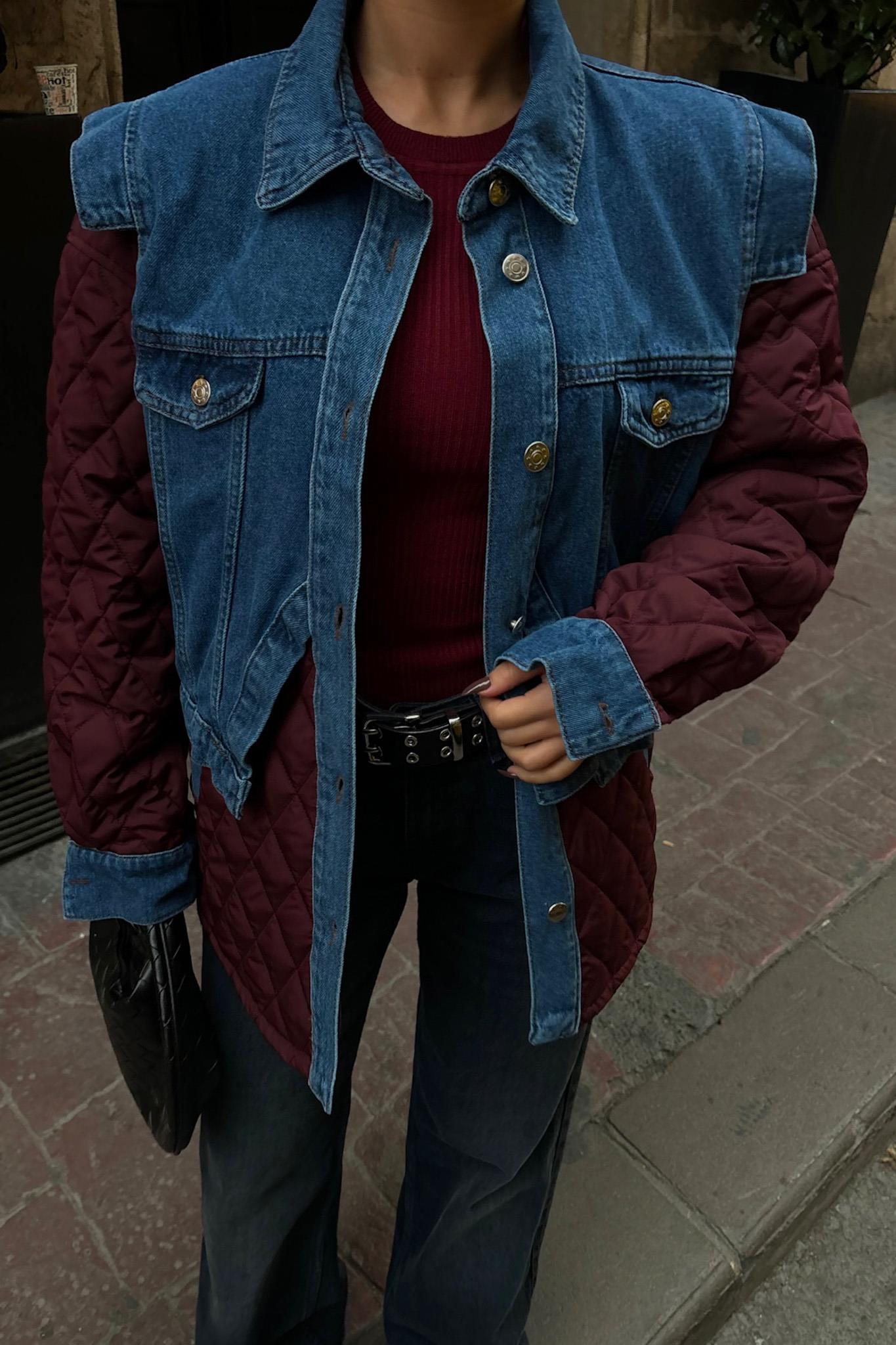 Denim Panel Quilted Long Jacket – Two-Tone Streetwear Layer for Effortless Cool