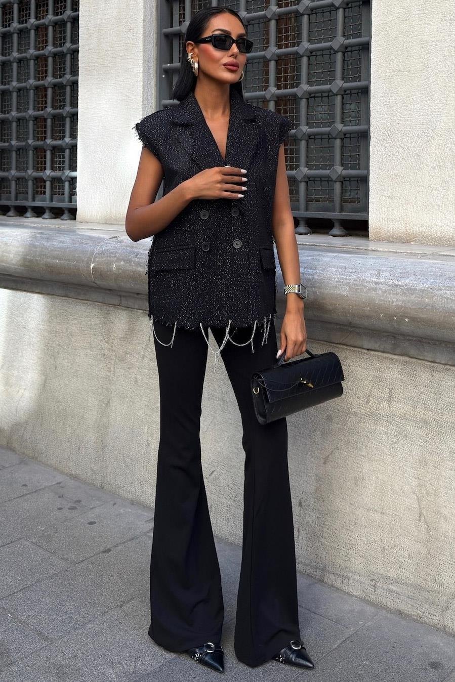 Sparkle Tweed Sleeveless Blazer Vest – Double-Breasted Statement Top
