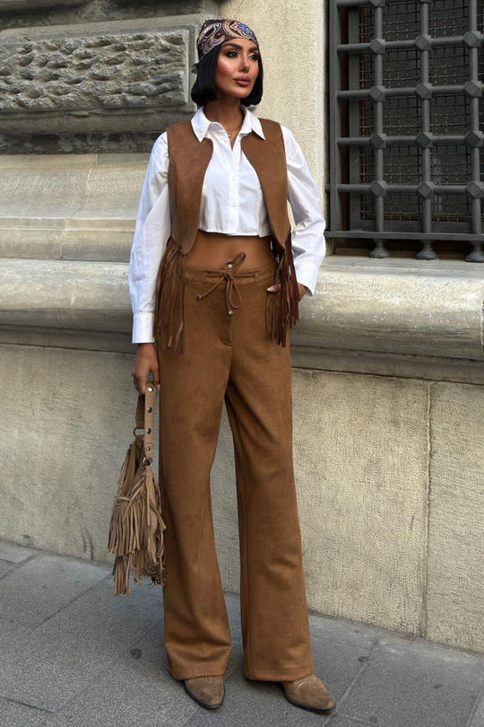 Fringe Detail Suede Vest & Pants Set – Boho Western Chic Outfit
