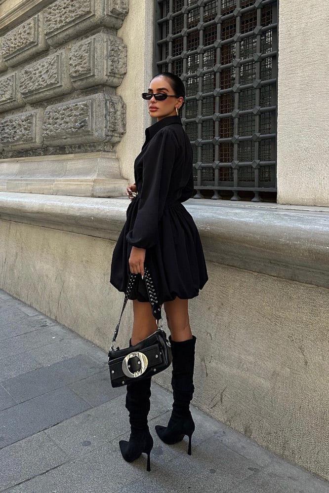 Pleated Button-Up Mini Dress – Long Sleeve Casual A-Line Dress
