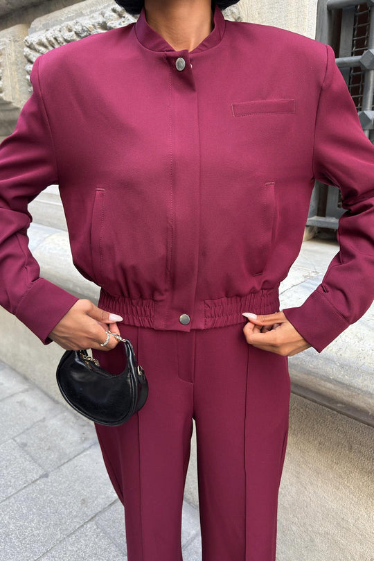Elegant Wine Red Two-Piece Suit – Double Fabric Long Sleeve Bomber Jacket & Wide-Leg Pants Set