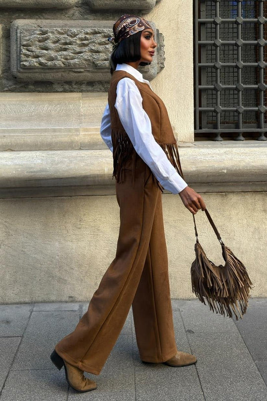 Fringe Detail Suede Vest & Pants Set – Boho Western Chic Outfit