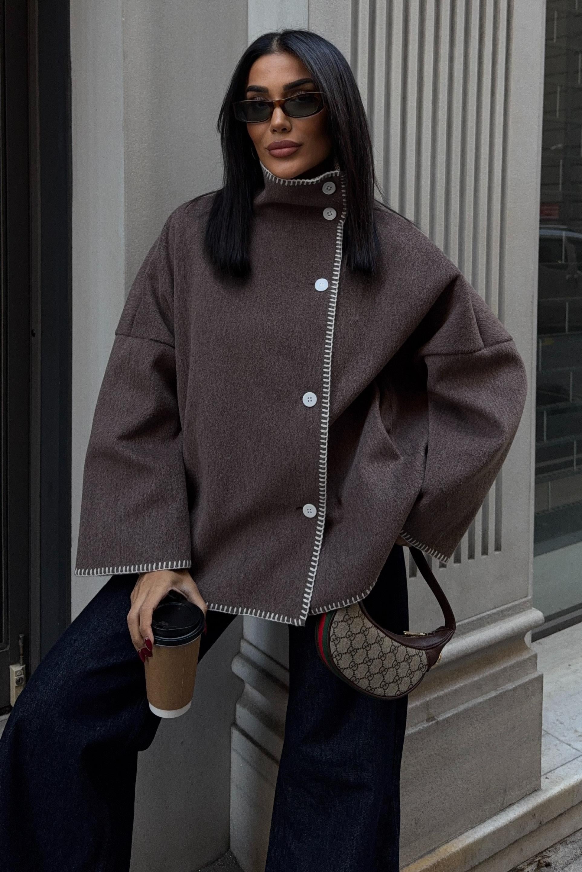 High-Neck Wool Blend Coat with Contrast Stitch Detail – Elegant Midi Length