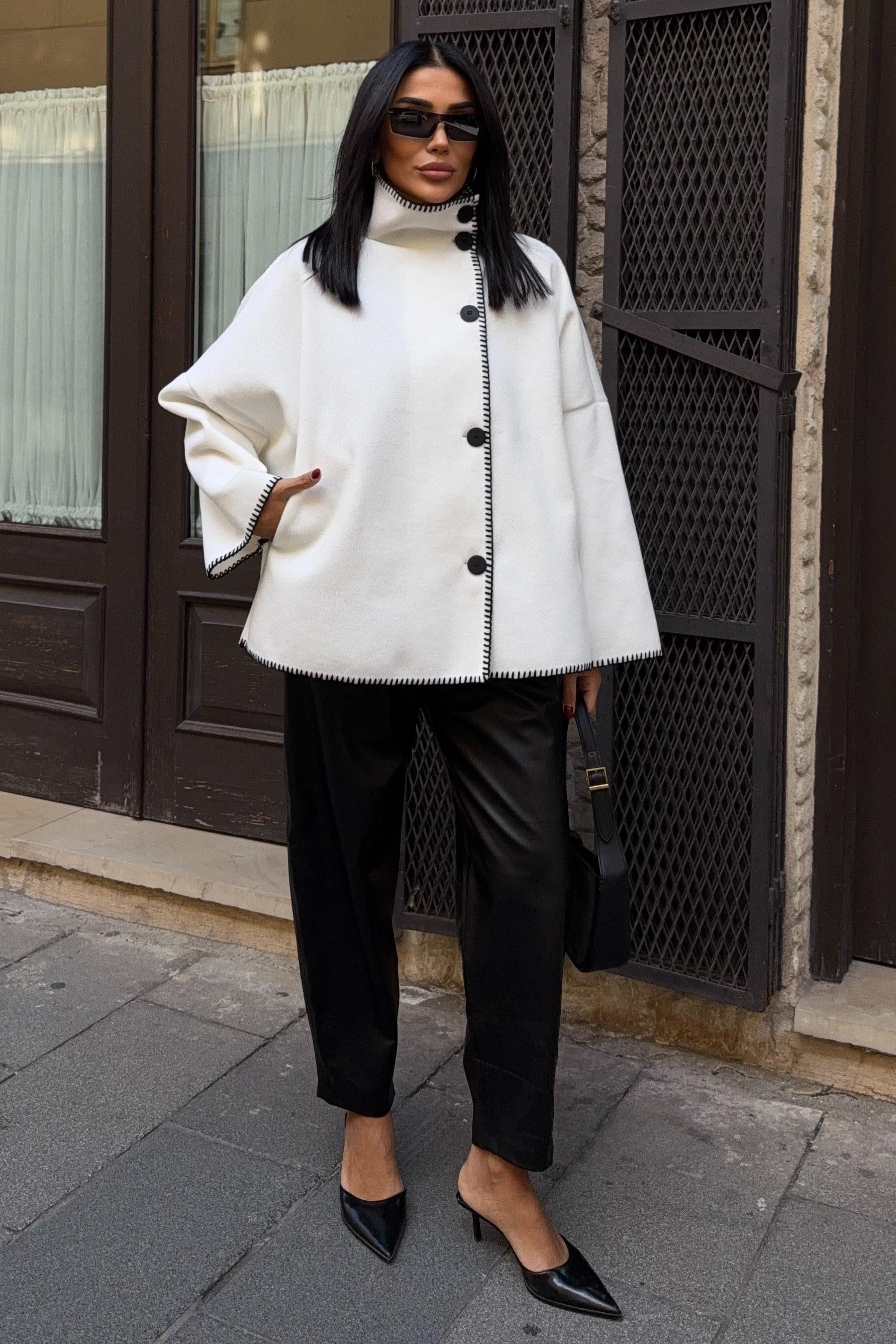 High-Neck Wool Blend Coat with Contrast Stitch Detail – Elegant Midi Length