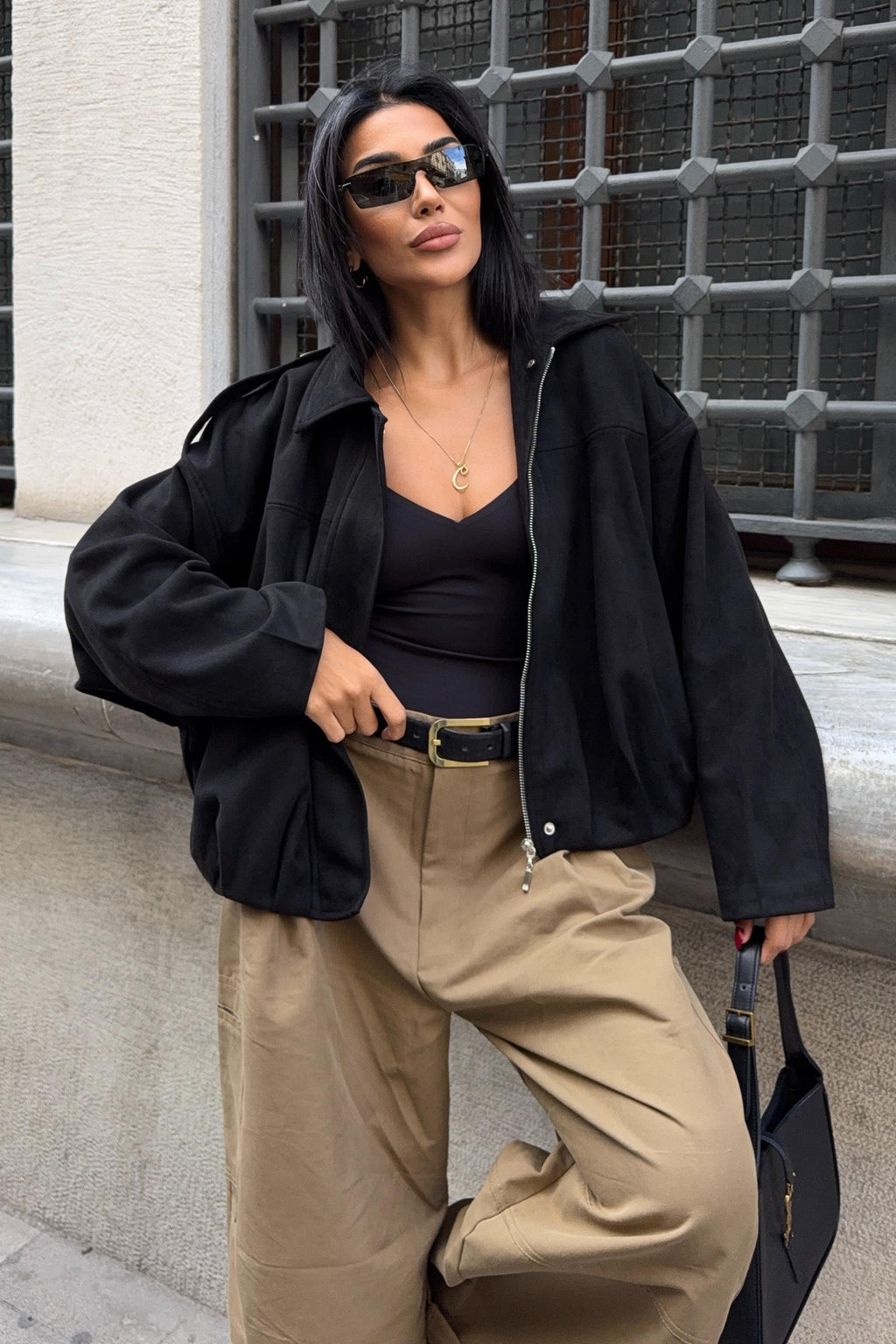 Premium Suede Bomber Jacket – Oversized Short Jacket for Women
