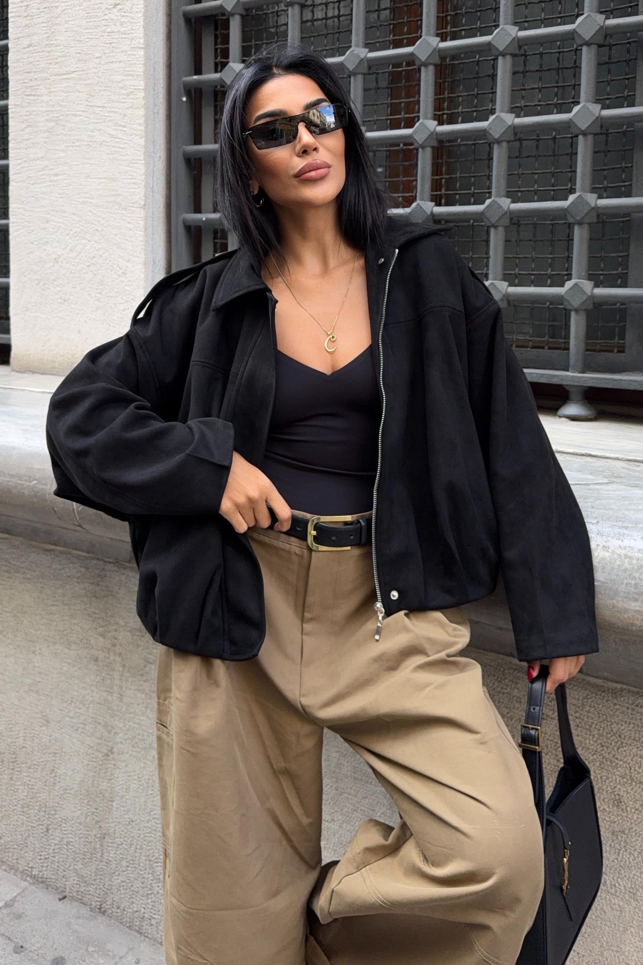 Premium Suede Bomber Jacket – Oversized Short Jacket for Women