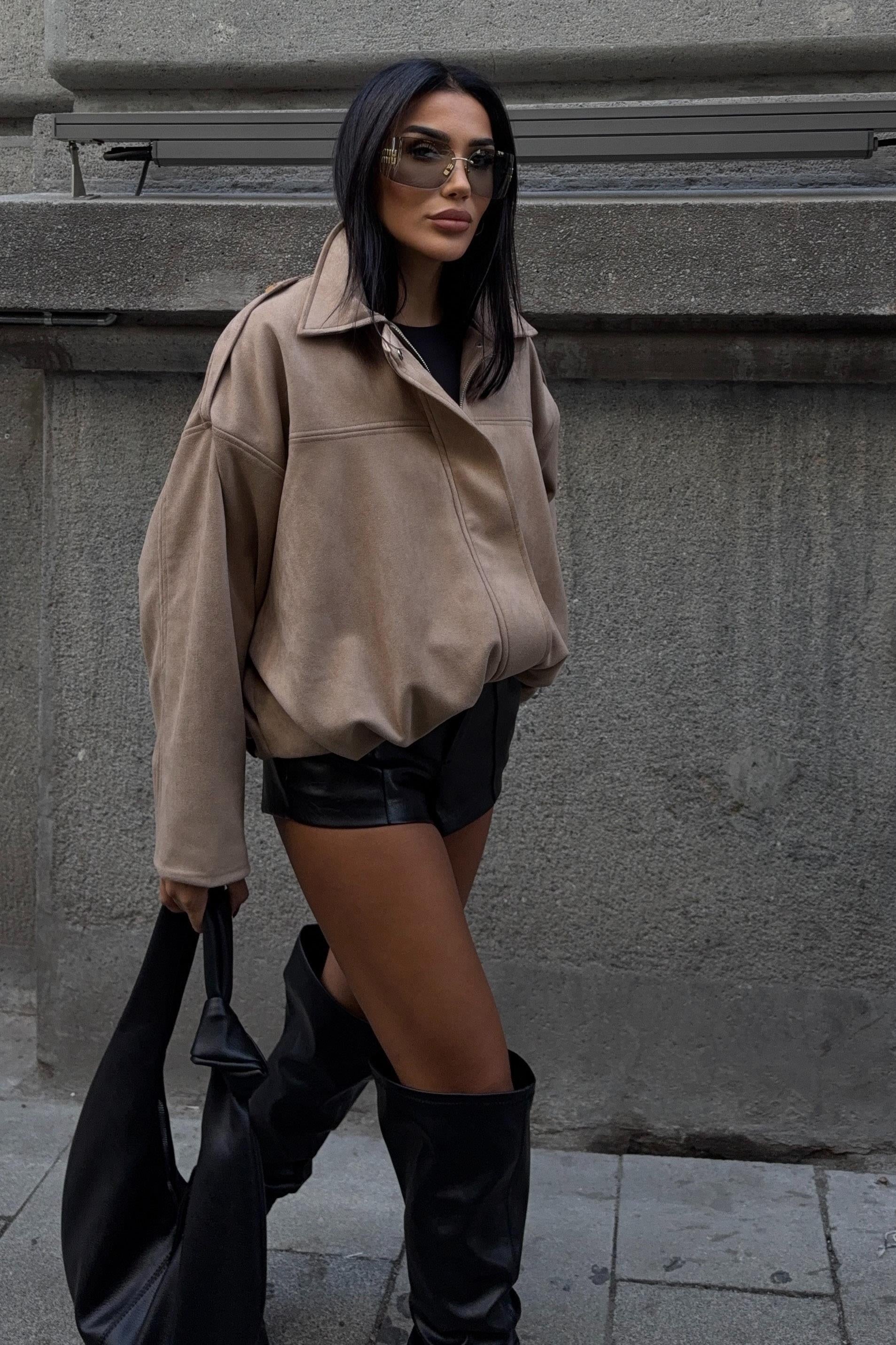 Premium Suede Bomber Jacket – Oversized Short Jacket for Women